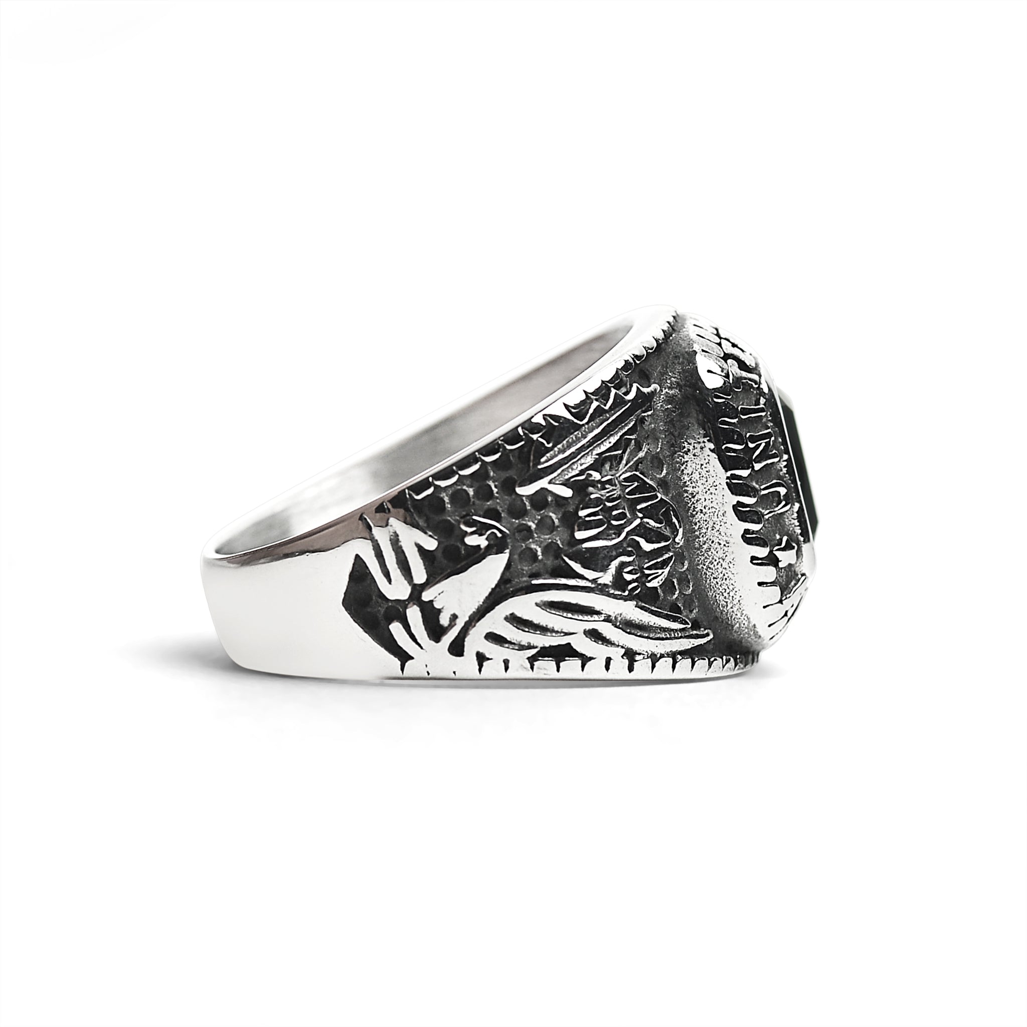 Stainless Steel United States Army Military Men's Ring with Black Stone