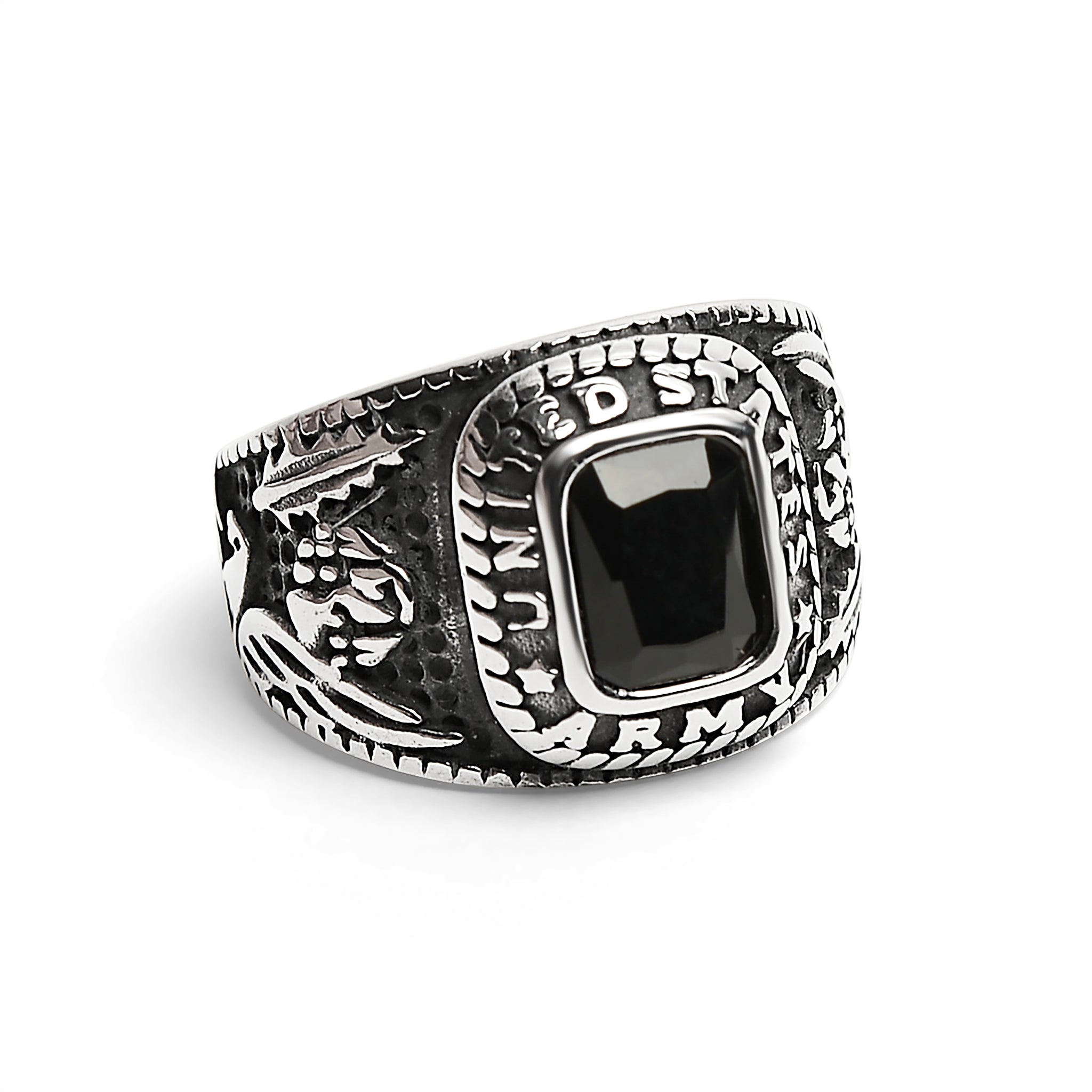 Stainless Steel United States Army Military Men's Ring with Black Stone
