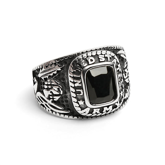 Stainless Steel United States Army Military Men's Ring with Black Stone