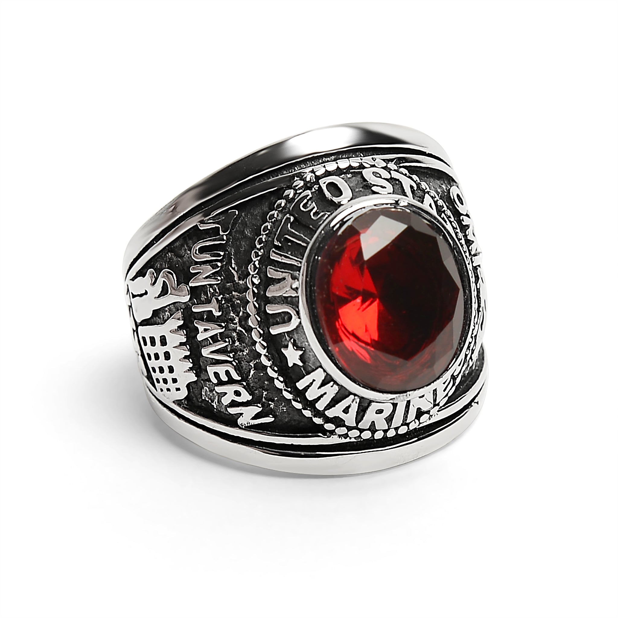 Stainless Steel United States Marine Corp Military Men's Ring with Red Stone
