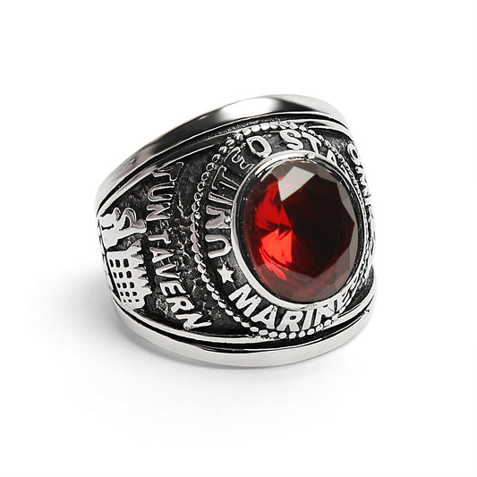 Stainless Steel United States Marine Corp Military Men's Ring with Red Stone