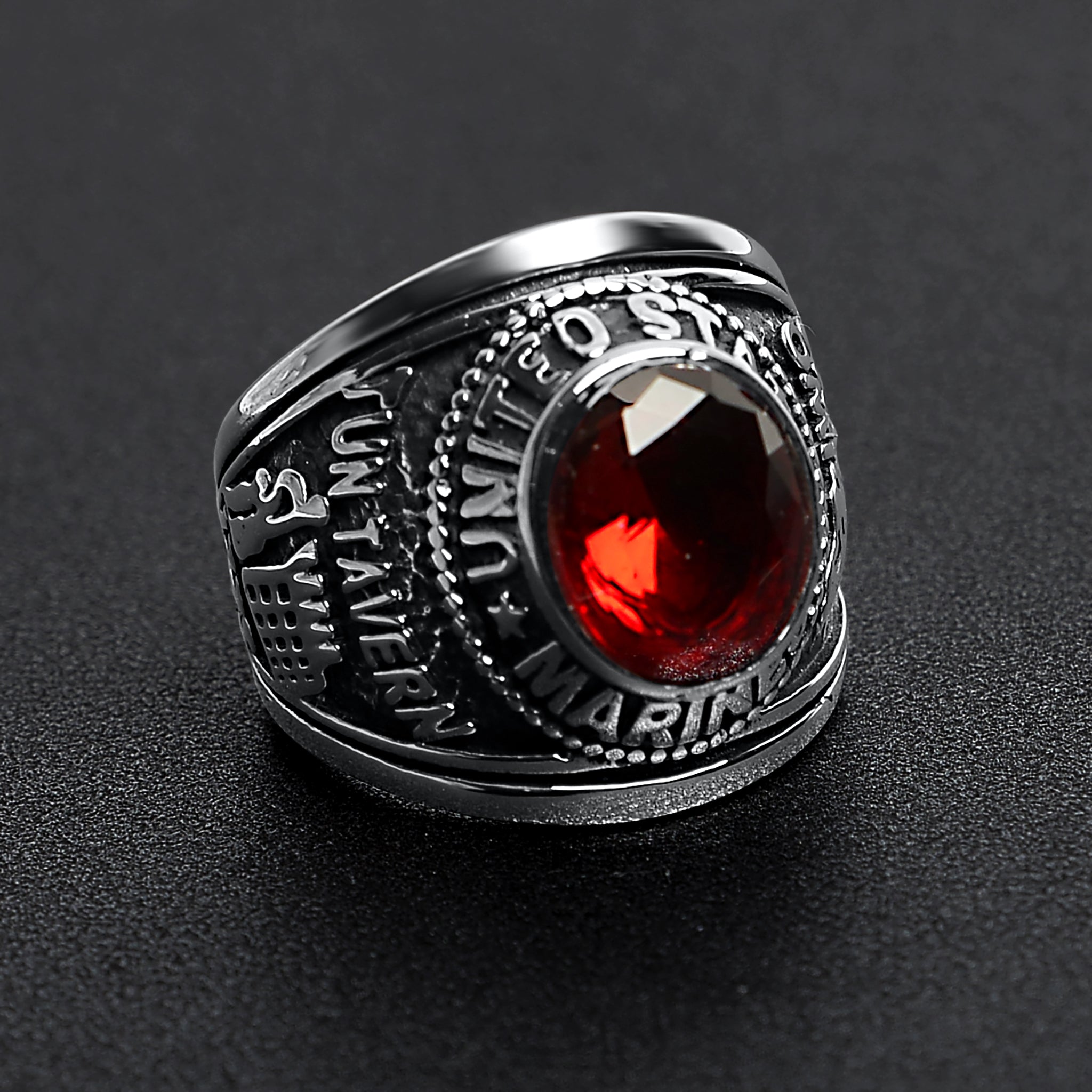 Stainless Steel United States Marine Corp Military Men's Ring with Red Stone
