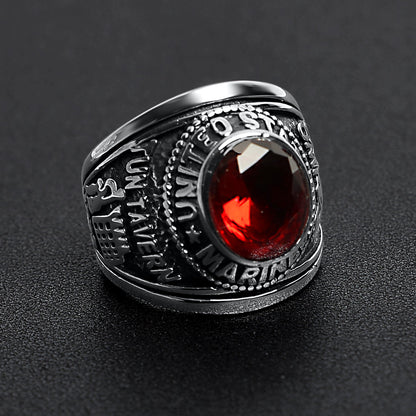 Stainless Steel United States Marine Corp Military Men's Ring with Red Stone