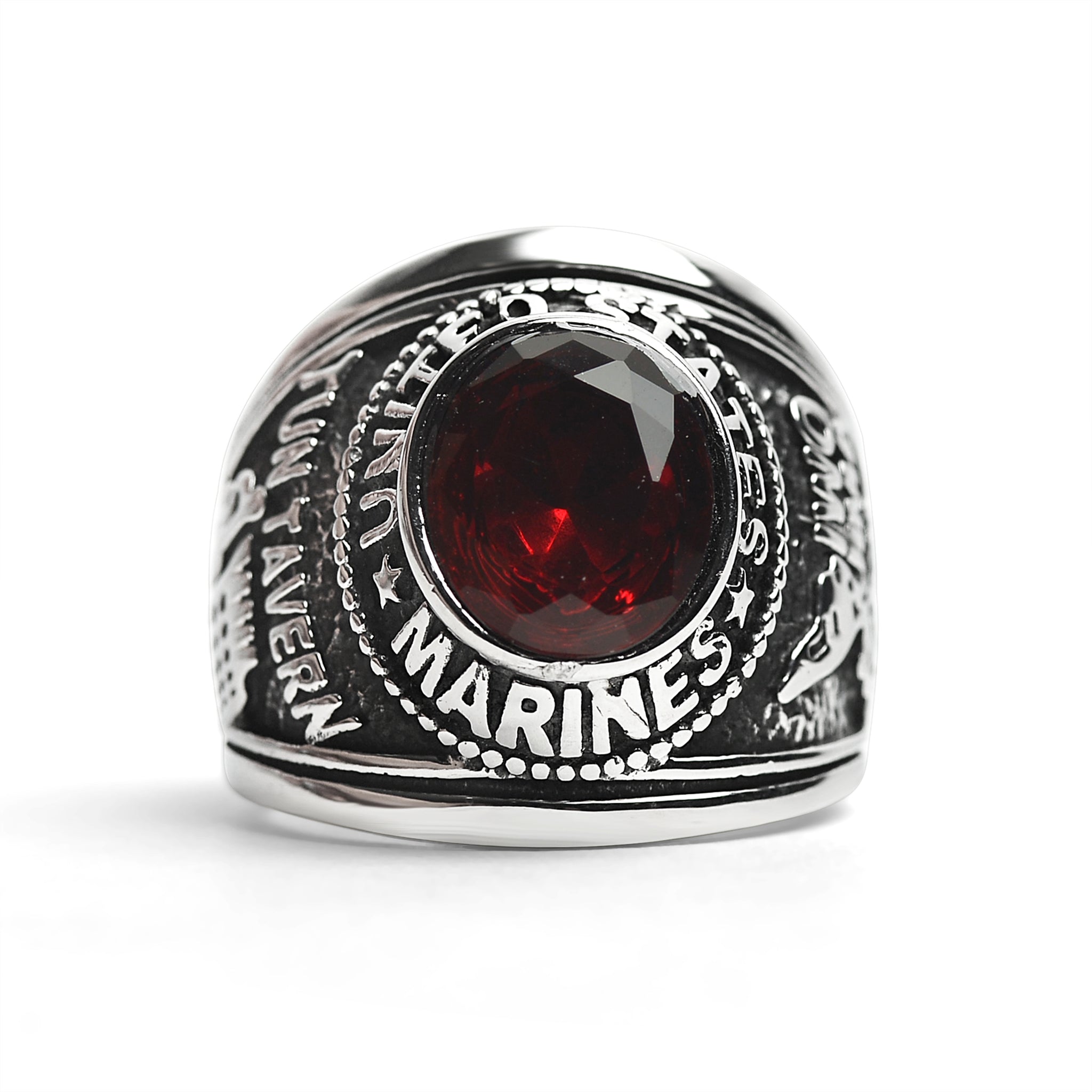 Stainless Steel United States Marine Corp Military Men's Ring with Red Stone