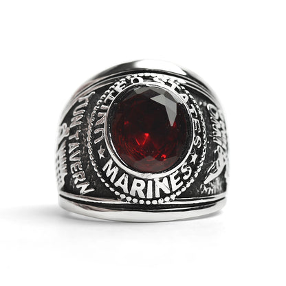 Stainless Steel United States Marine Corp Military Men's Ring with Red Stone