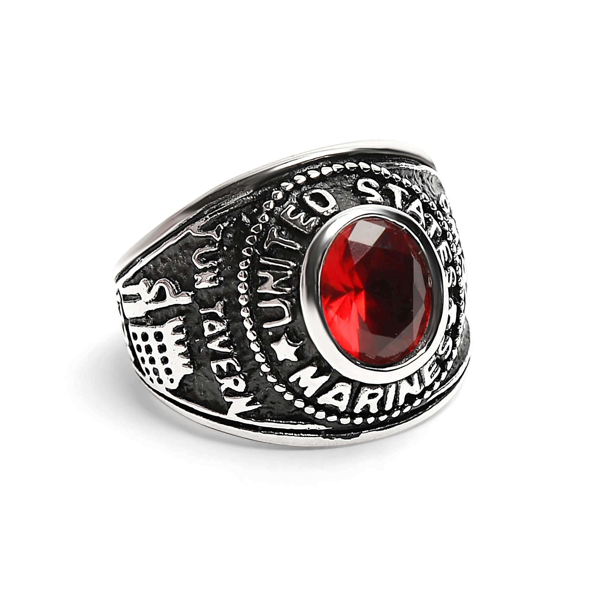 Stainless Steel United States Marine Corp Military Women's Ring with Red Stone