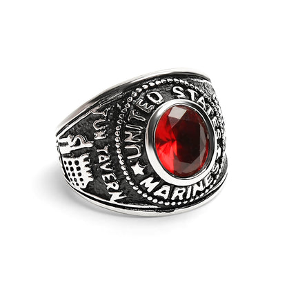 Stainless Steel United States Marine Corp Military Women's Ring with Red Stone
