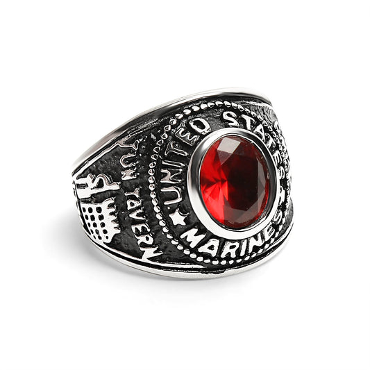 Stainless Steel United States Marine Corp Military Women's Ring with Red Stone