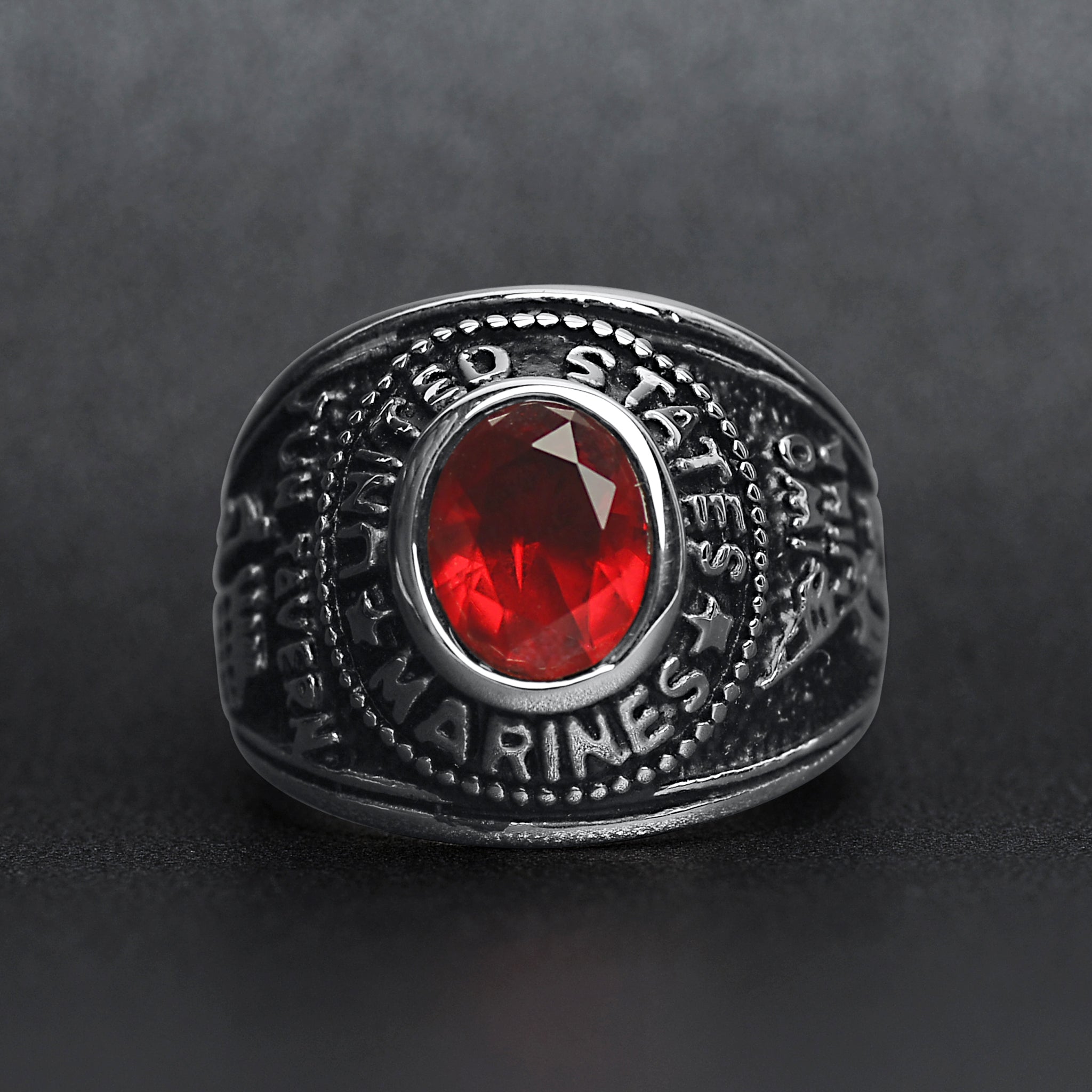 Stainless Steel United States Marine Corp Military Women's Ring with Red Stone
