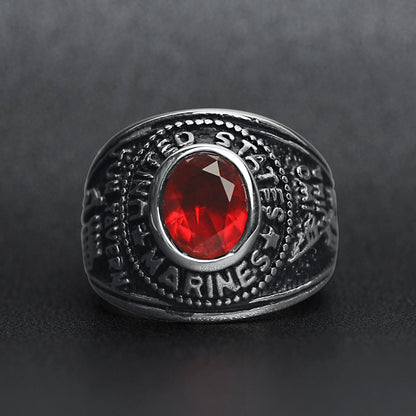 Stainless Steel United States Marine Corp Military Women's Ring with Red Stone