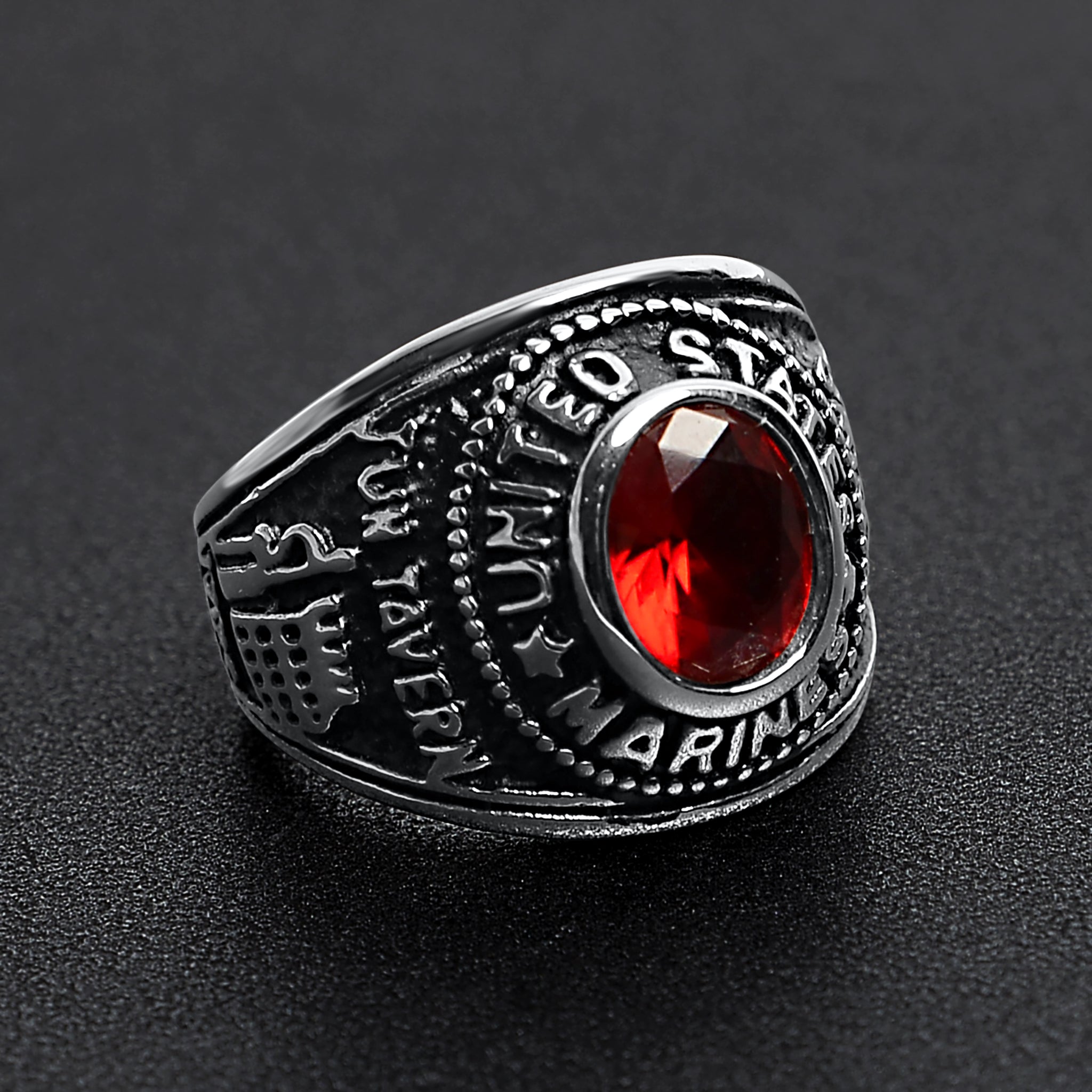 Stainless Steel United States Marine Corp Military Women's Ring with Red Stone