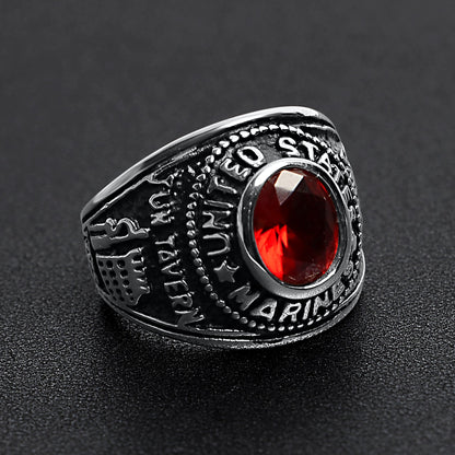Stainless Steel United States Marine Corp Military Women's Ring with Red Stone