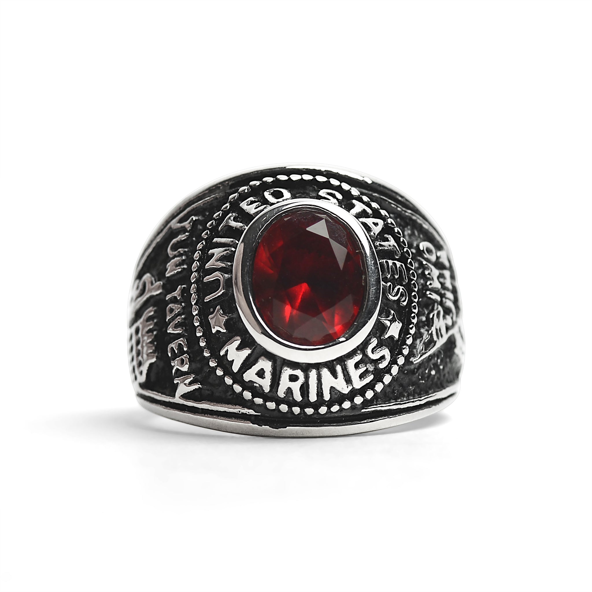 Stainless Steel United States Marine Corp Military Women's Ring with Red Stone
