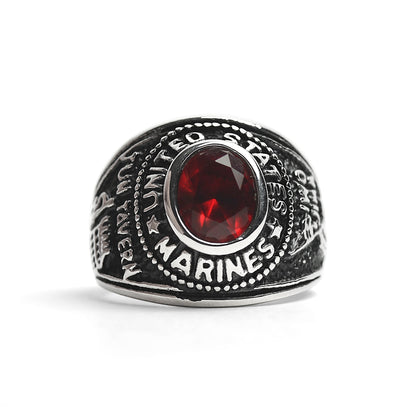 Stainless Steel United States Marine Corp Military Women's Ring with Red Stone