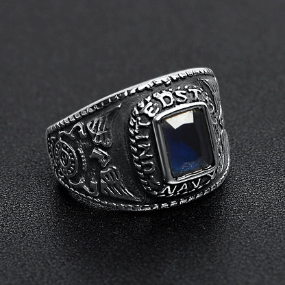 United States Navy Dark Blue Center Stone Stainless Steel Women's Ring