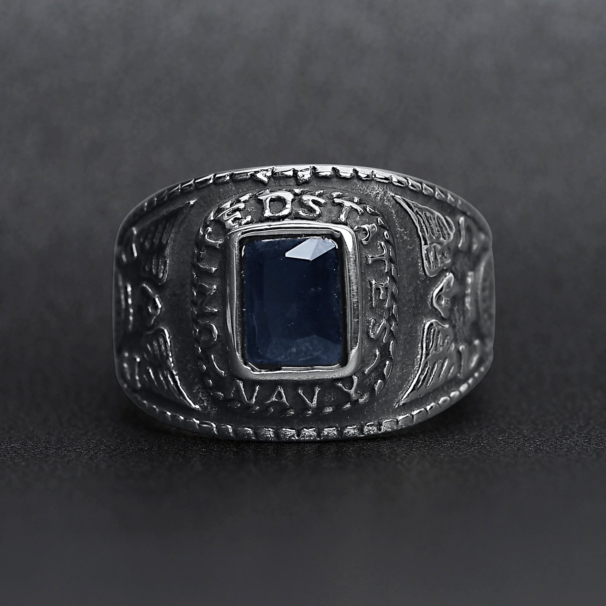 United States Navy Dark Blue Center Stone Stainless Steel Women's Ring