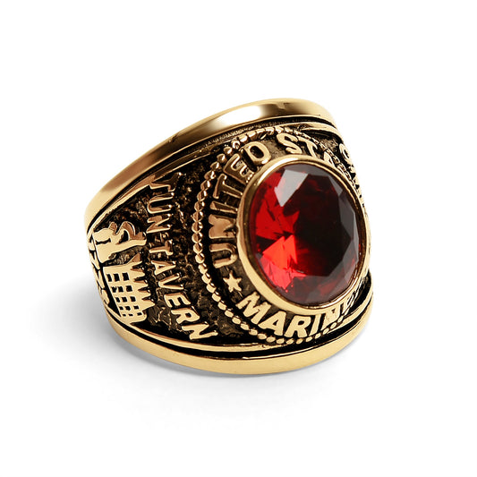 18K Gold PVD Stainless Steel Red Stone United States Marines Ring