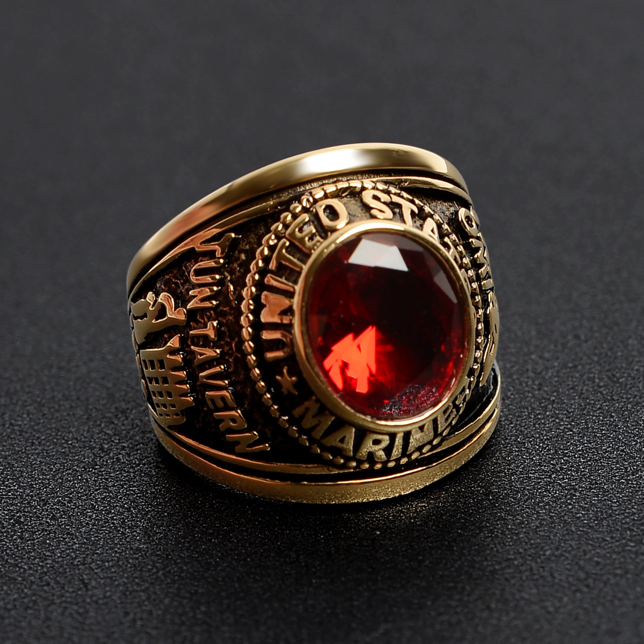 18K Gold PVD Stainless Steel Red Stone United States Marines Ring
