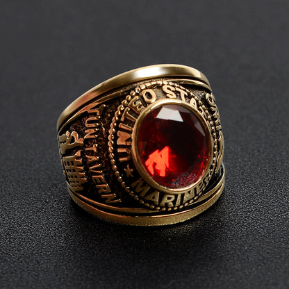 18K Gold PVD Stainless Steel Red Stone United States Marines Ring