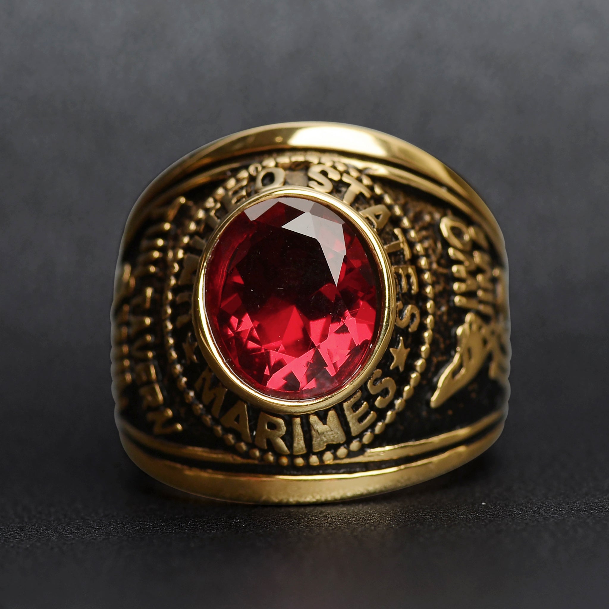 18K Gold PVD Stainless Steel Red Stone United States Marines Ring