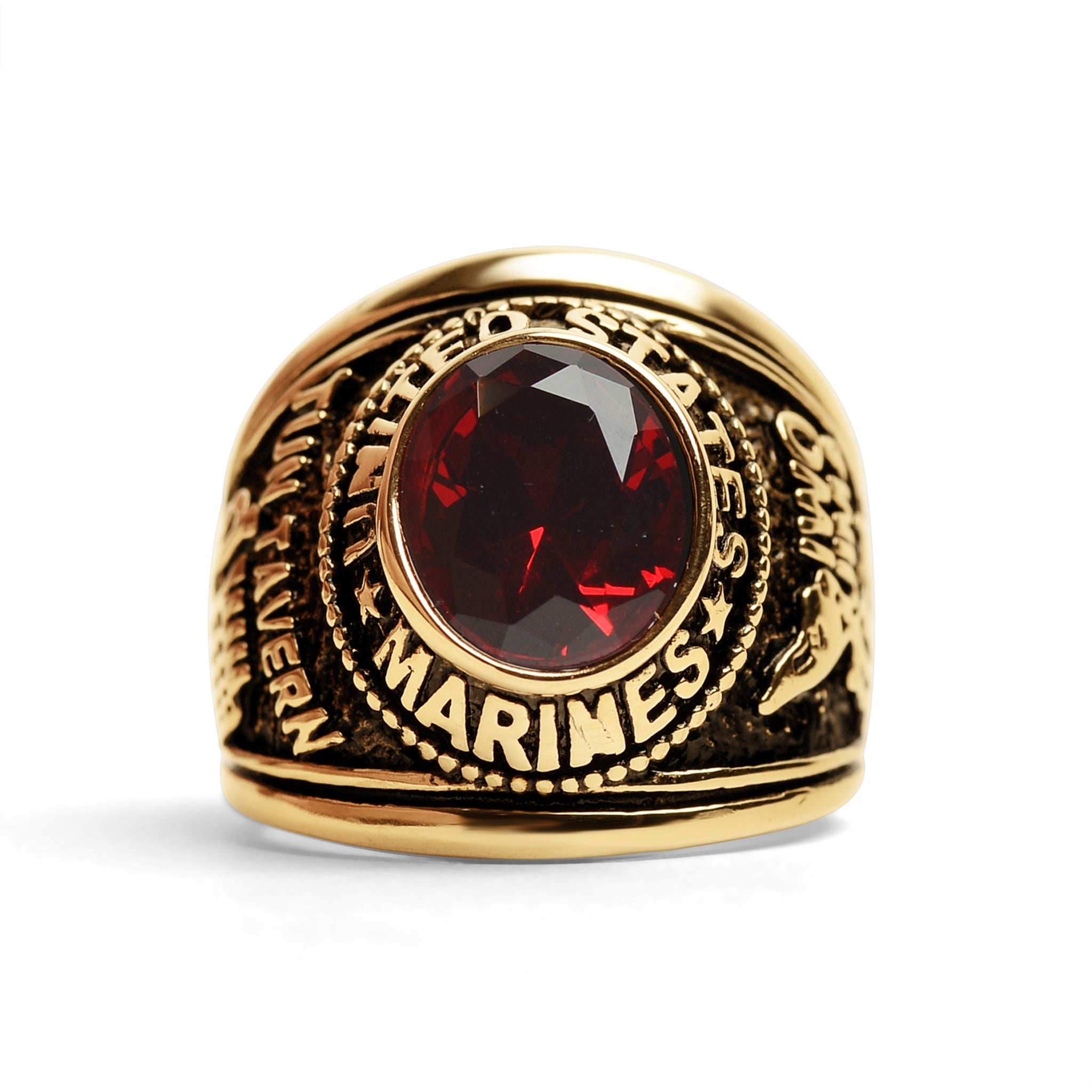18K Gold PVD Stainless Steel Red Stone United States Marines Ring