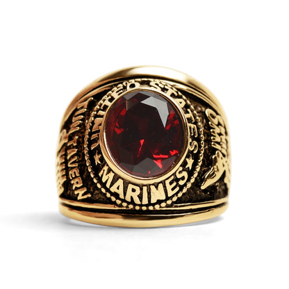 18K Gold PVD Stainless Steel Red Stone United States Marines Ring