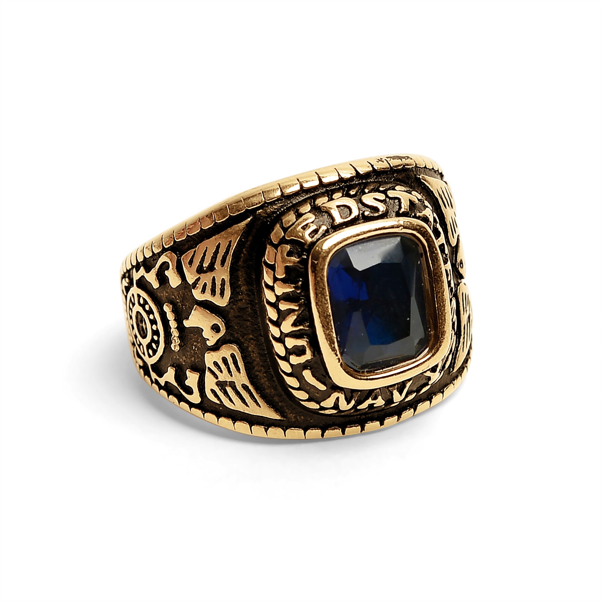 18K Gold PVD Stainless Steel United States Navy Blue Center Stone Ring