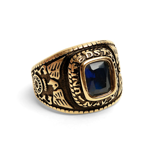 18K Gold PVD Stainless Steel United States Navy Blue Center Stone Ring