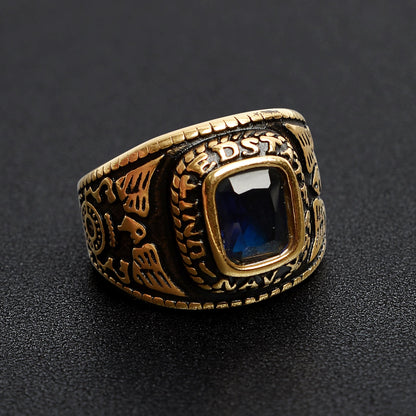 18K Gold PVD Stainless Steel United States Navy Blue Center Stone Ring