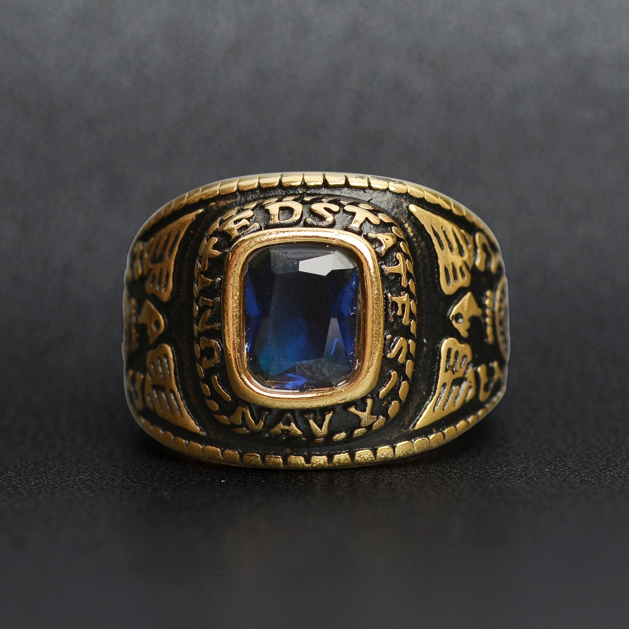 18K Gold PVD Stainless Steel United States Navy Blue Center Stone Ring