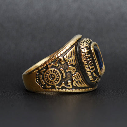 18K Gold PVD Stainless Steel United States Navy Blue Center Stone Ring