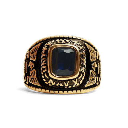 18K Gold PVD Stainless Steel United States Navy Blue Center Stone Ring