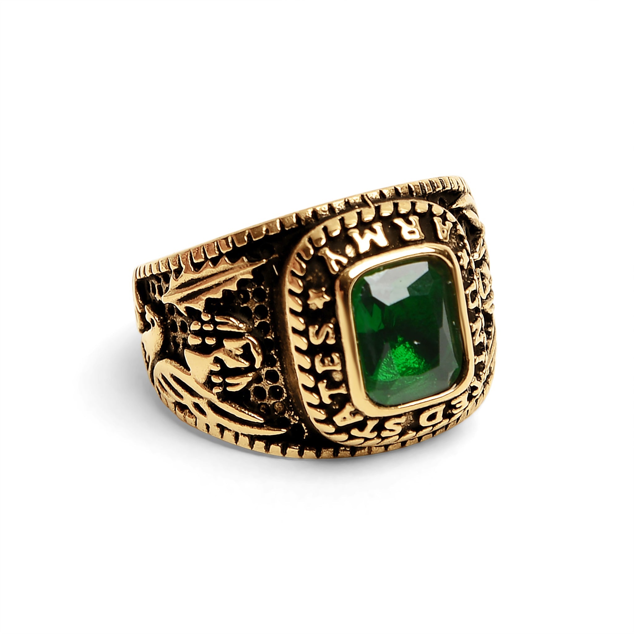 18K Gold PVD Stainless Steel United States Army Green Center Stone Ring