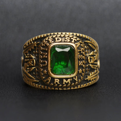 18K Gold PVD Stainless Steel United States Army Green Center Stone Ring