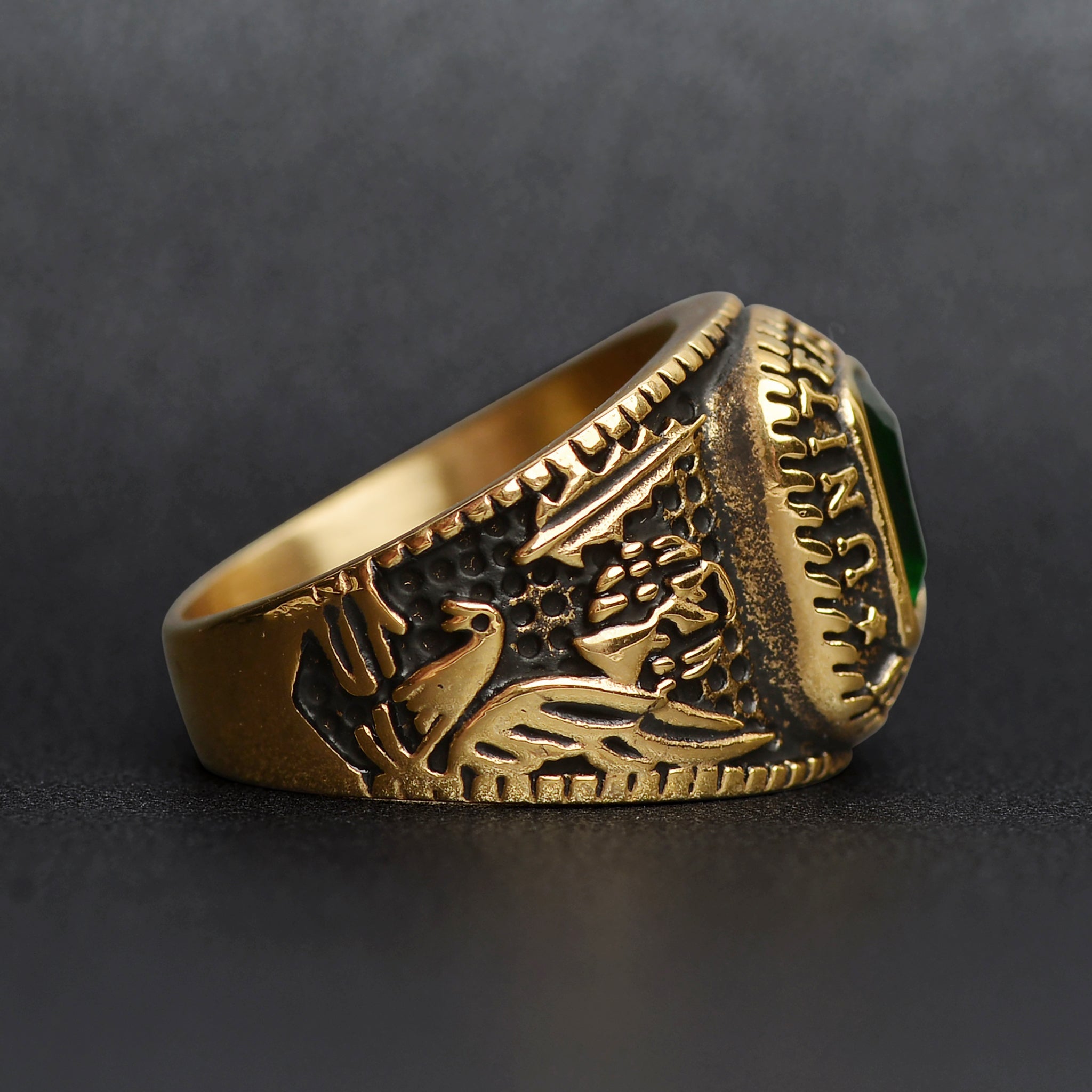 18K Gold PVD Stainless Steel United States Army Green Center Stone Ring