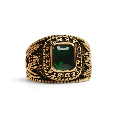 18K Gold PVD Stainless Steel United States Army Green Center Stone Ring