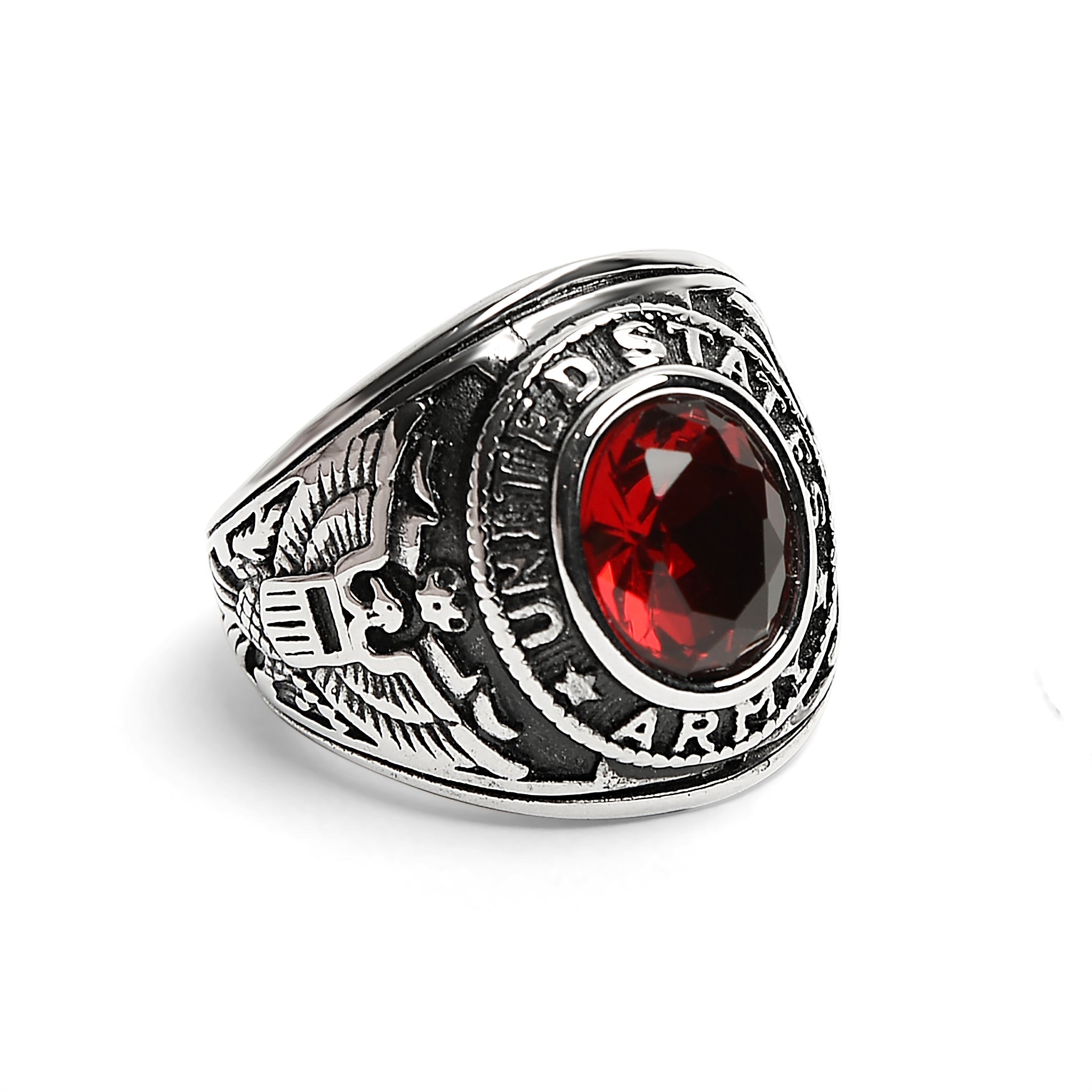 Stainless Steel United States Army Red Center Stone Ring