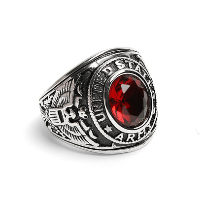 Stainless Steel United States Army Red Center Stone Ring