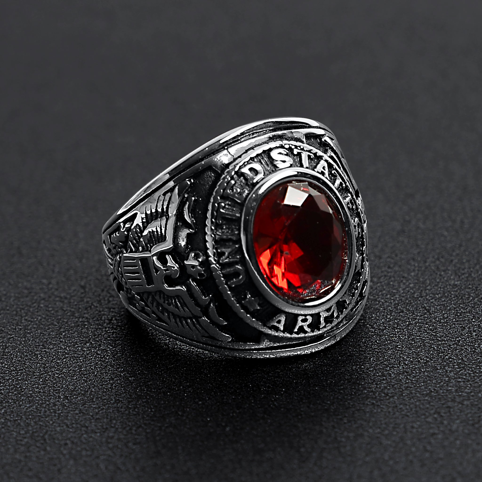 Stainless Steel United States Army Red Center Stone Ring