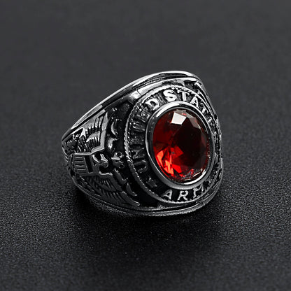 Stainless Steel United States Army Red Center Stone Ring