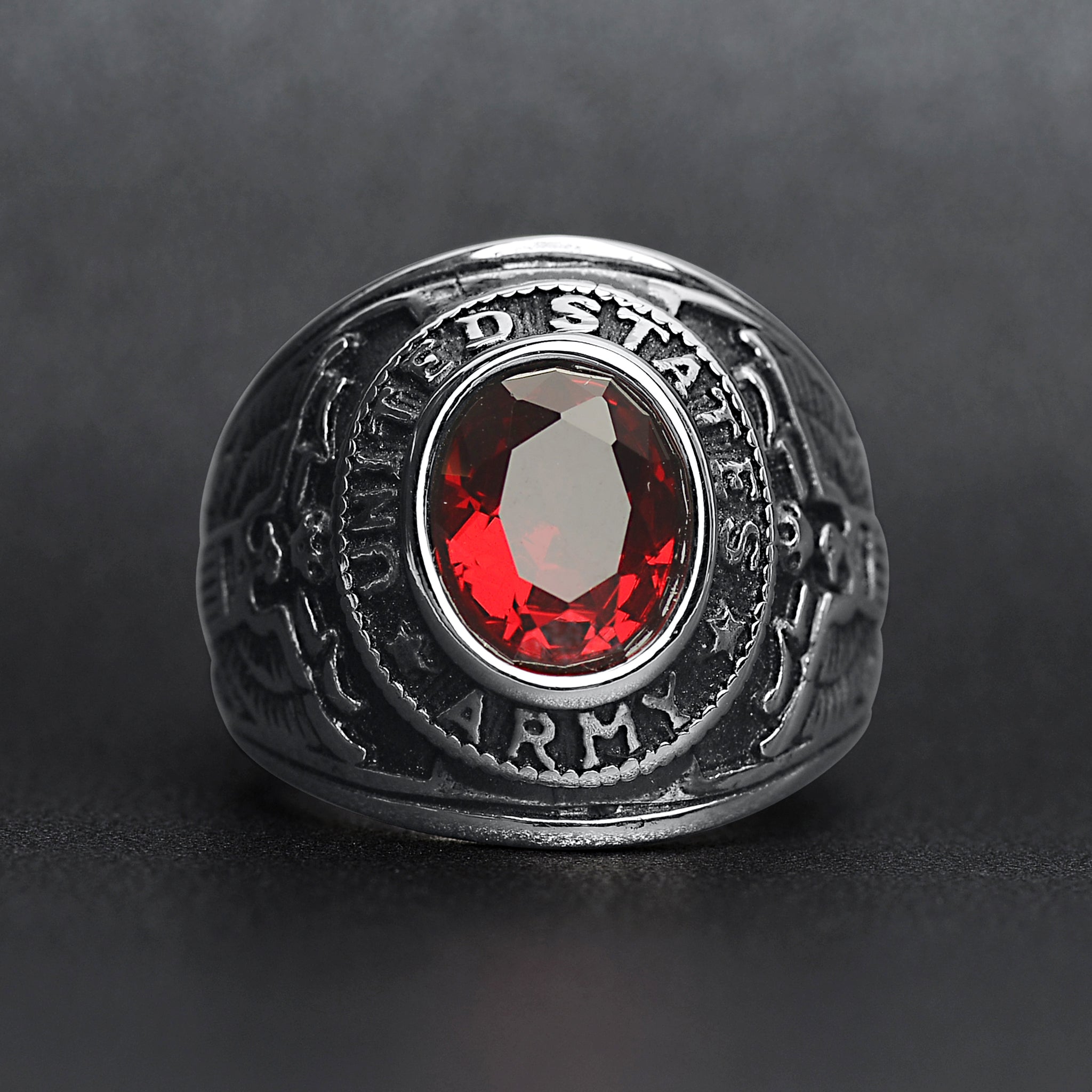 Stainless Steel United States Army Red Center Stone Ring