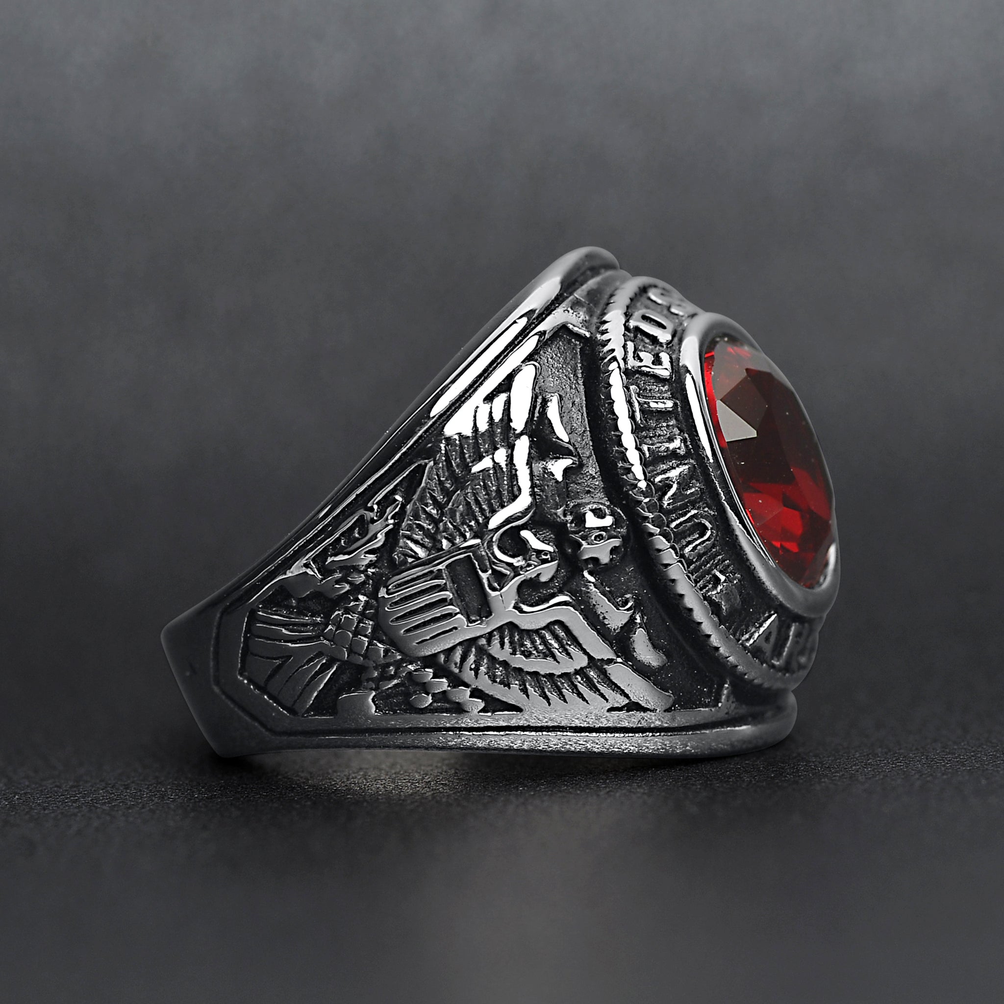 Stainless Steel United States Army Red Center Stone Ring