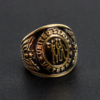 18K Gold PVD Stainless Steel United States Military Veterans Men's Ring