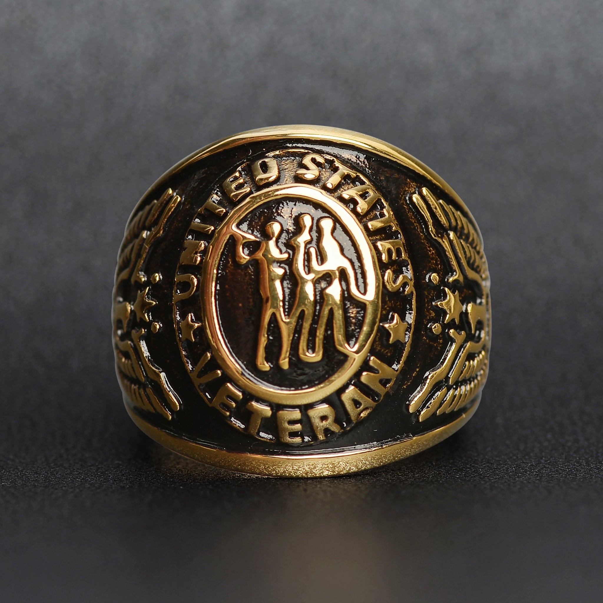 18K Gold PVD Stainless Steel United States Military Veterans Men's Ring