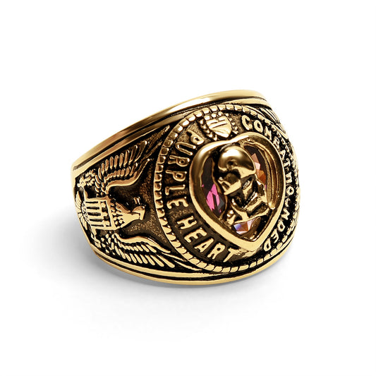 18K Gold PVD Stainless Steel Military Purple Heart Men's Ring