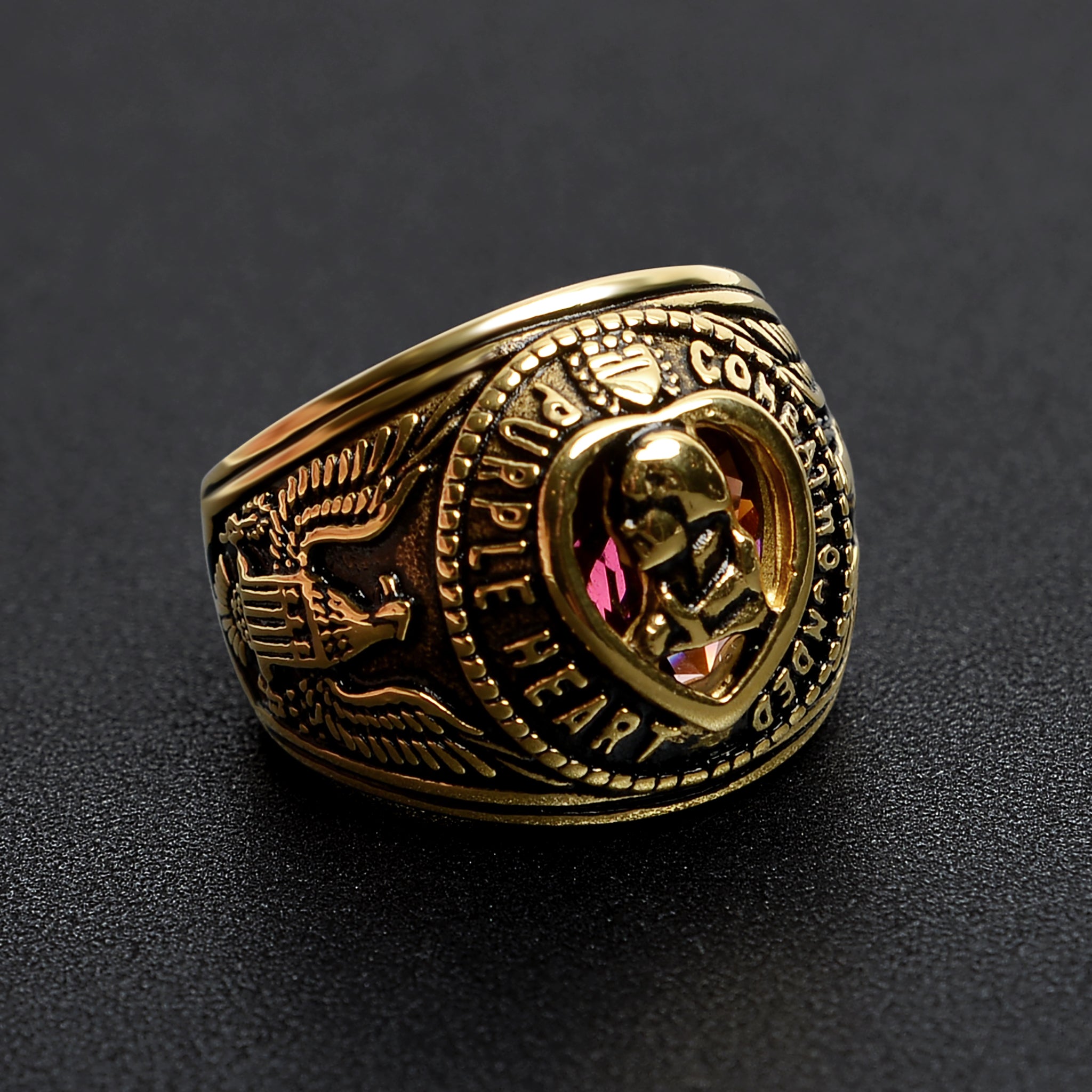 18K Gold PVD Stainless Steel Military Purple Heart Men's Ring