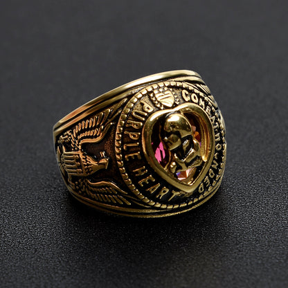 18K Gold PVD Stainless Steel Military Purple Heart Men's Ring