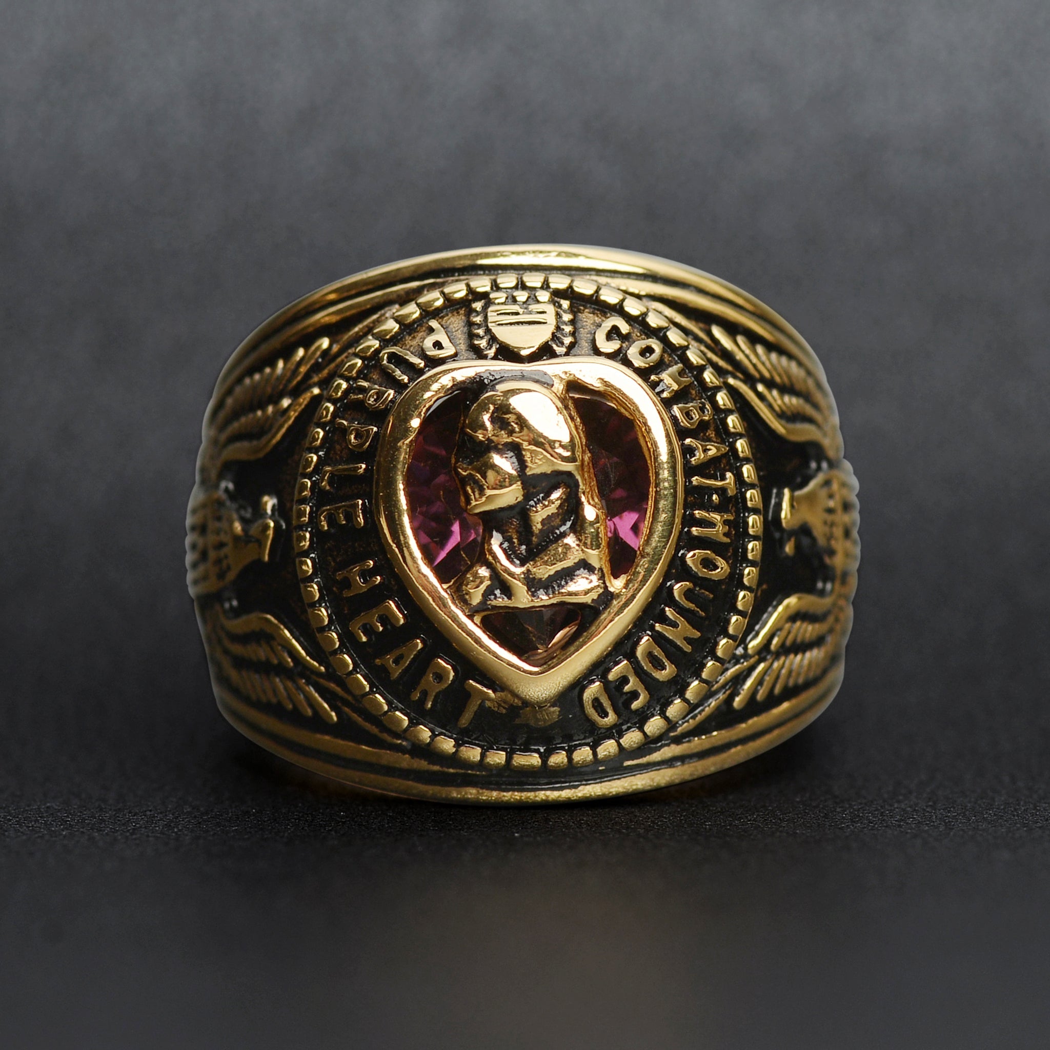 18K Gold PVD Stainless Steel Military Purple Heart Men's Ring