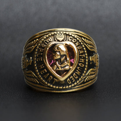 18K Gold PVD Stainless Steel Military Purple Heart Men's Ring