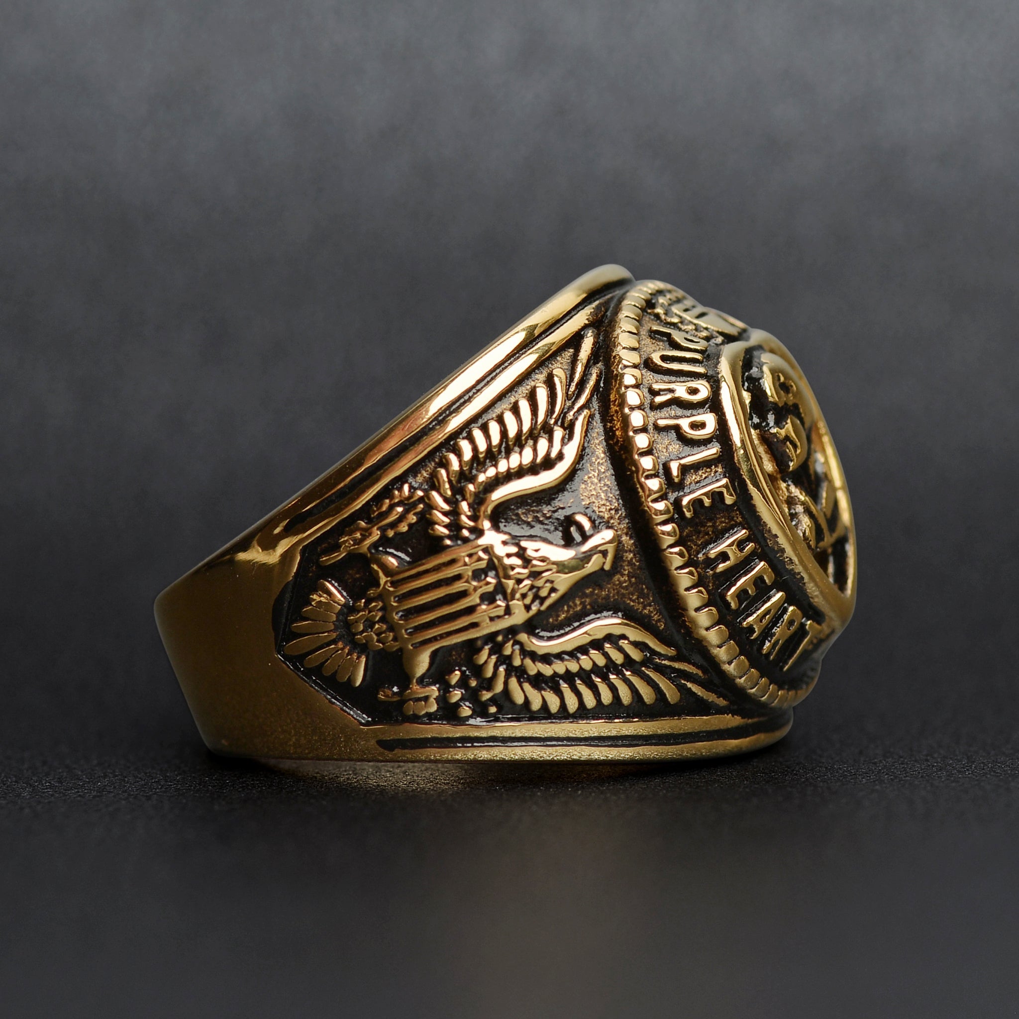18K Gold PVD Stainless Steel Military Purple Heart Men's Ring